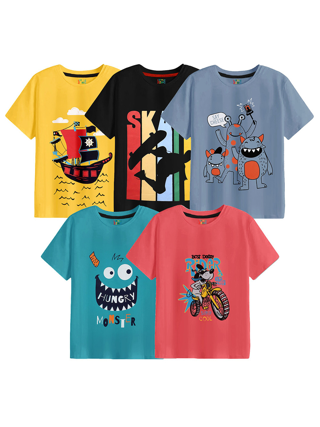 

BAESD Boys Pack Of 5 Printed Cotton T-shirt, Yellow