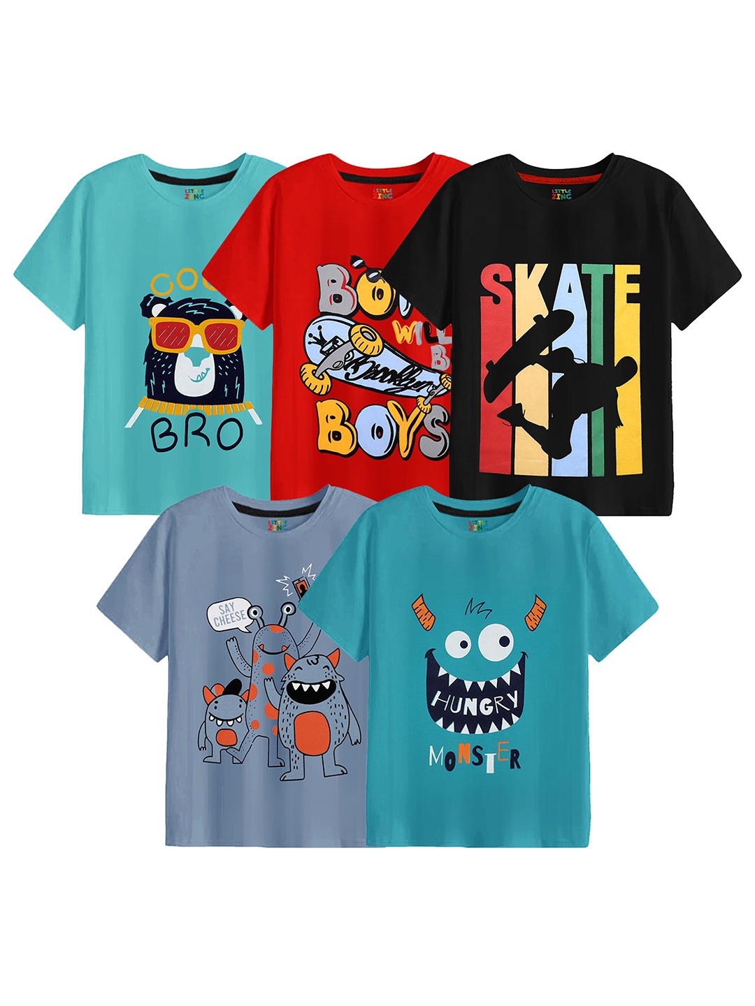 

BAESD Boys Pack Of 5 Printed Cotton T-shirt, Blue