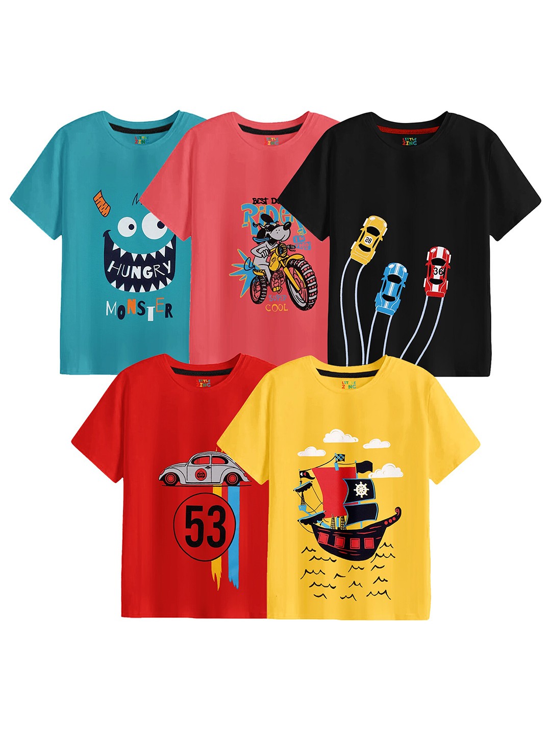 

BAESD Boys Pack of 5 Graphic Printed Cotton T-shirt, Sea green