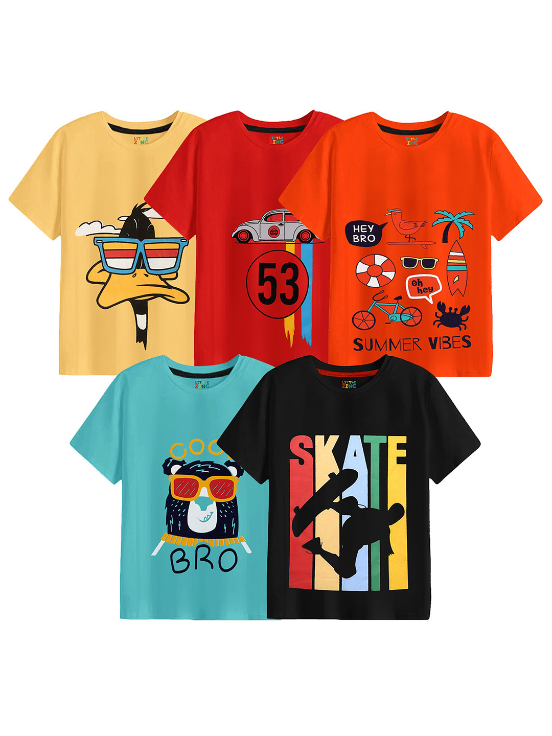 

BAESD Boys Pack Of 5 Printed Cotton T-shirt, Yellow