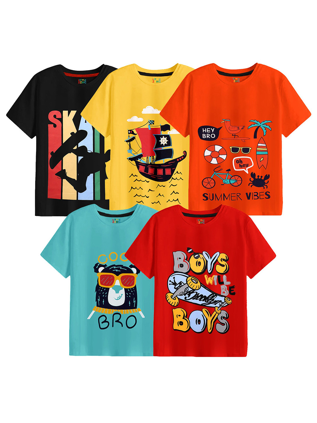 

BAESD Boys Pack of 5 Graphic Printed Cotton T-shirt, Black