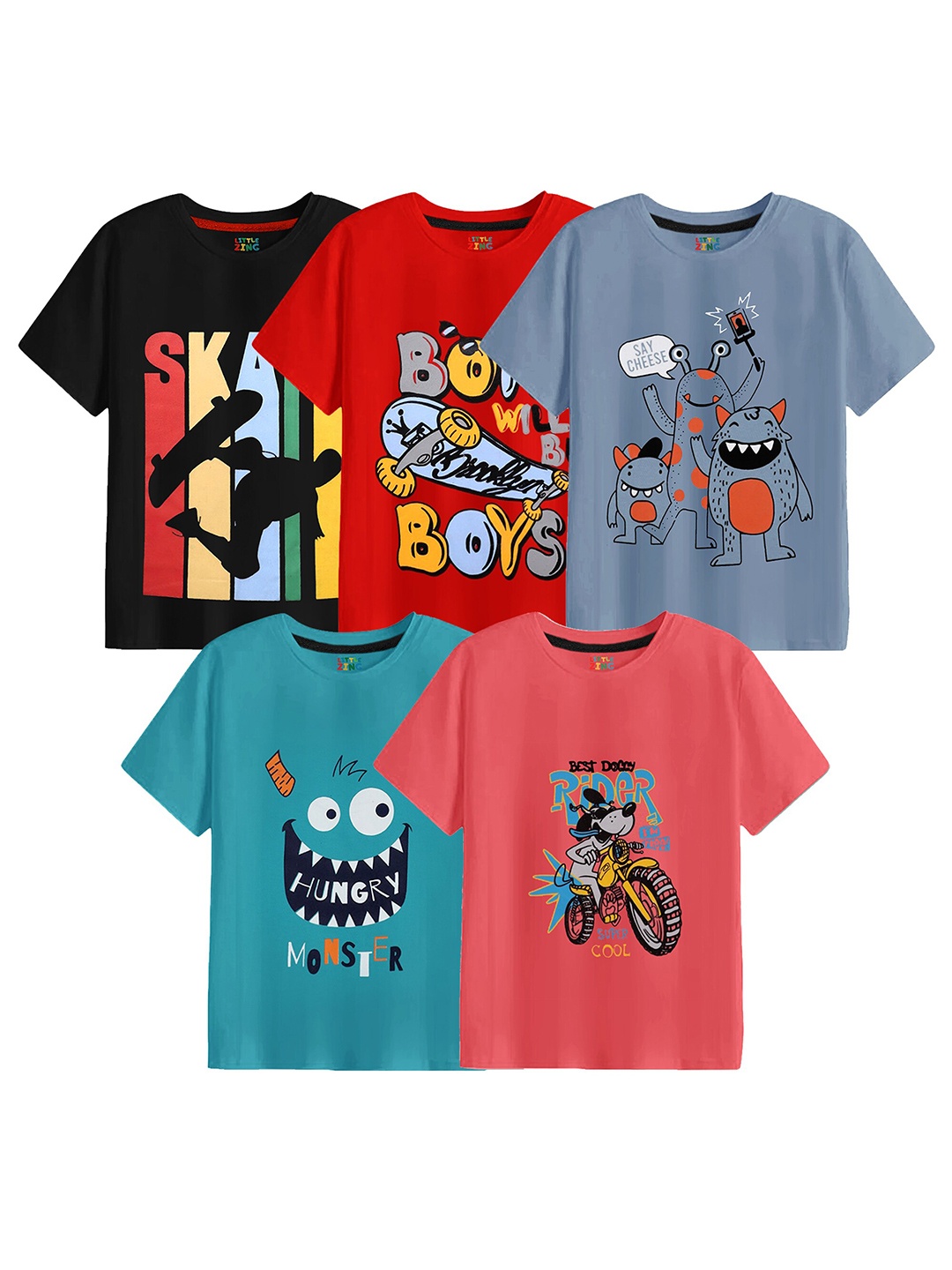 

BAESD Boys Pack Of 5 Printed Cotton T-shirt, Black