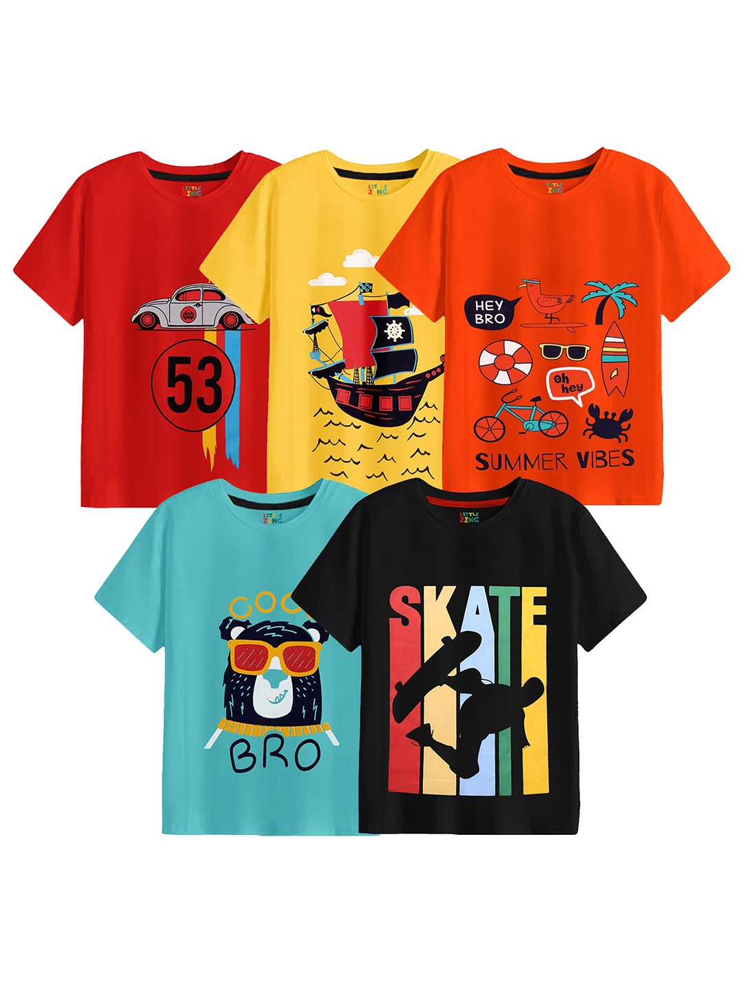 

BAESD Boys Pack of 5 Graphic Printed Cotton T-shirt, Red