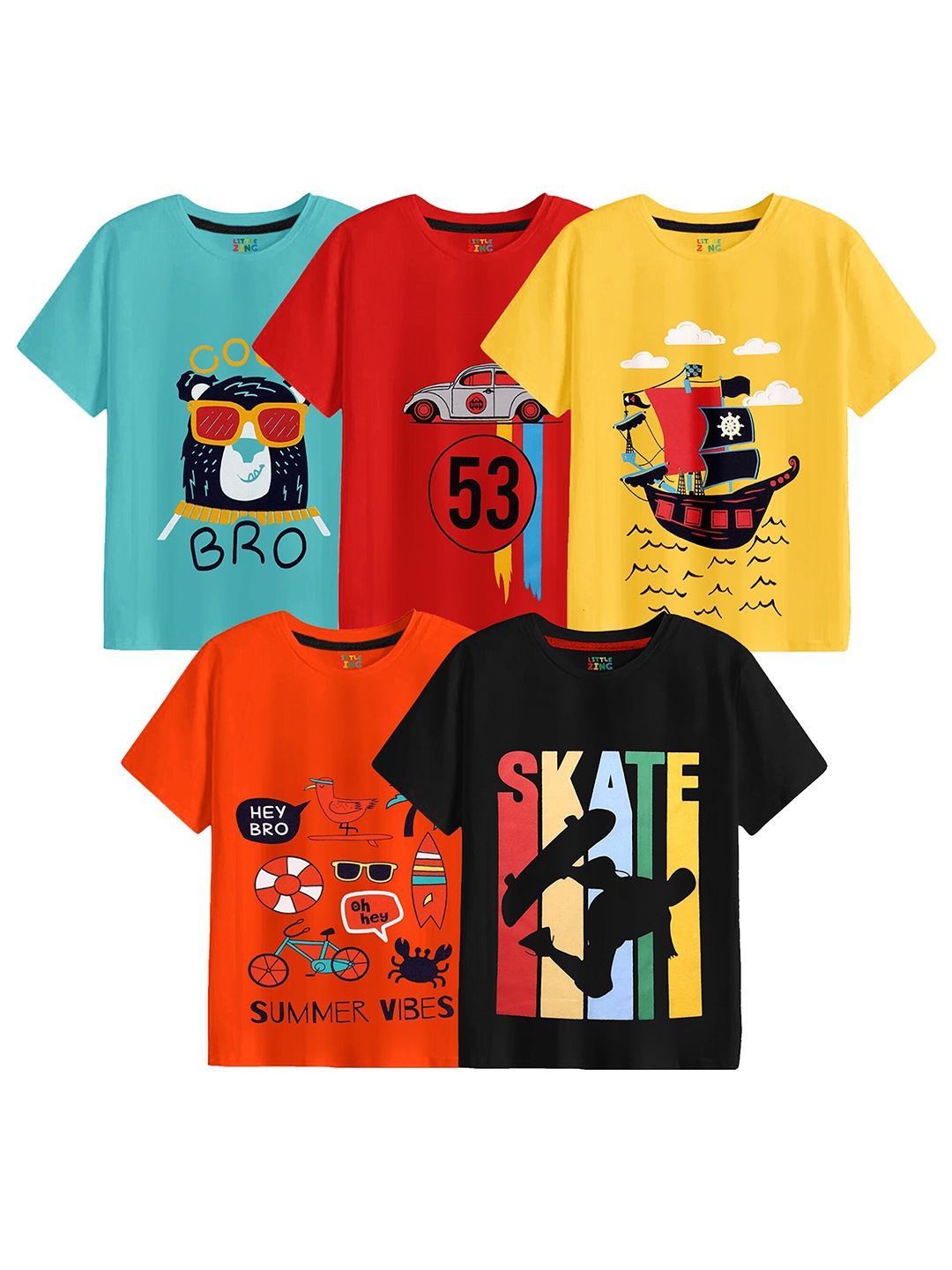 

BAESD Boys Pack Of 5 Printed Cotton T-shirt, Blue