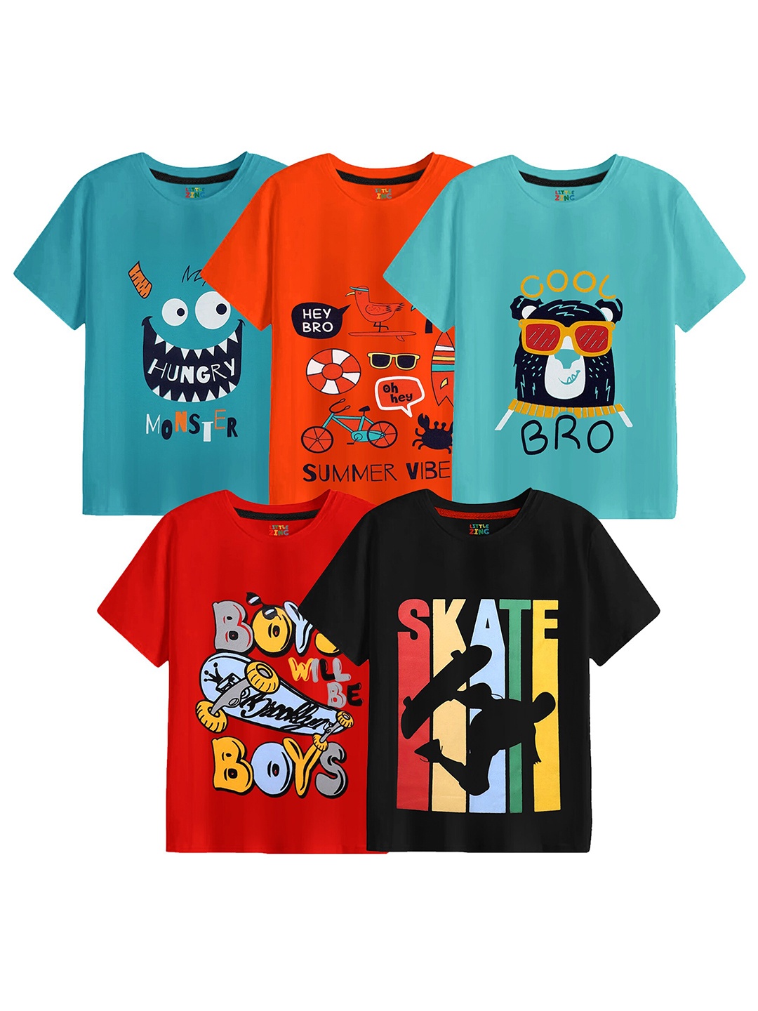 

BAESD Boys Pack of 5 Graphic Printed Cotton T-shirt, Green