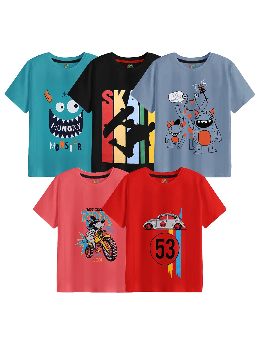 

BAESD Boys Pack Of 5 Graphic Printed Cotton T-Shirts, Red