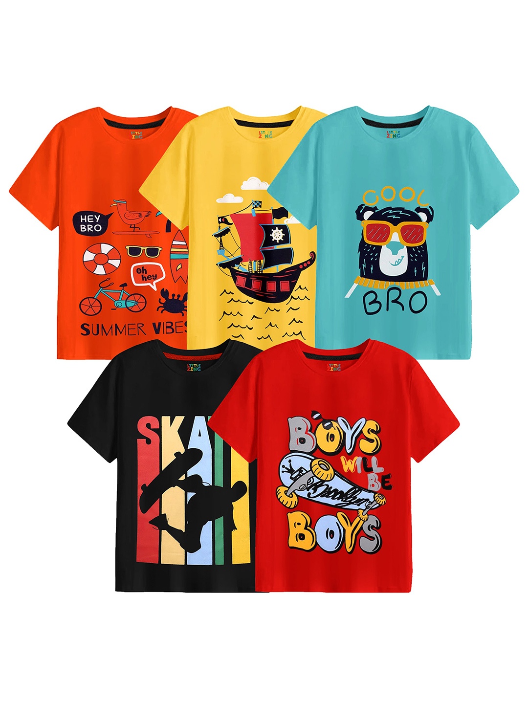 

BAESD Boys Pack Of 5 Graphic Printed Cotton T-Shirts, Red
