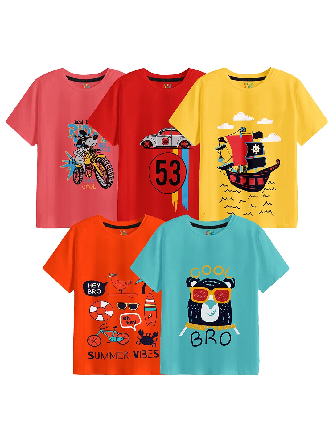 

BAESD Boys Pack Of 5 Conversational Printed Round Neck Pure Cotton T-shirt, Pink