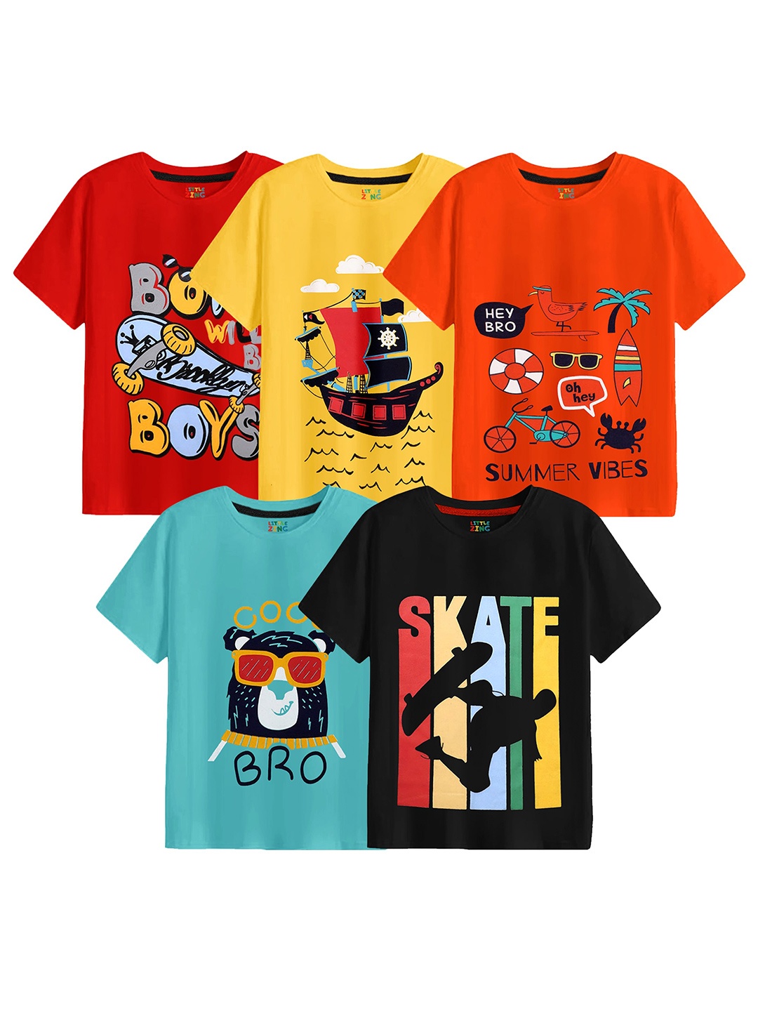 

BAESD Boys Pack Of 5 Graphic Printed Cotton T-shirts, Red