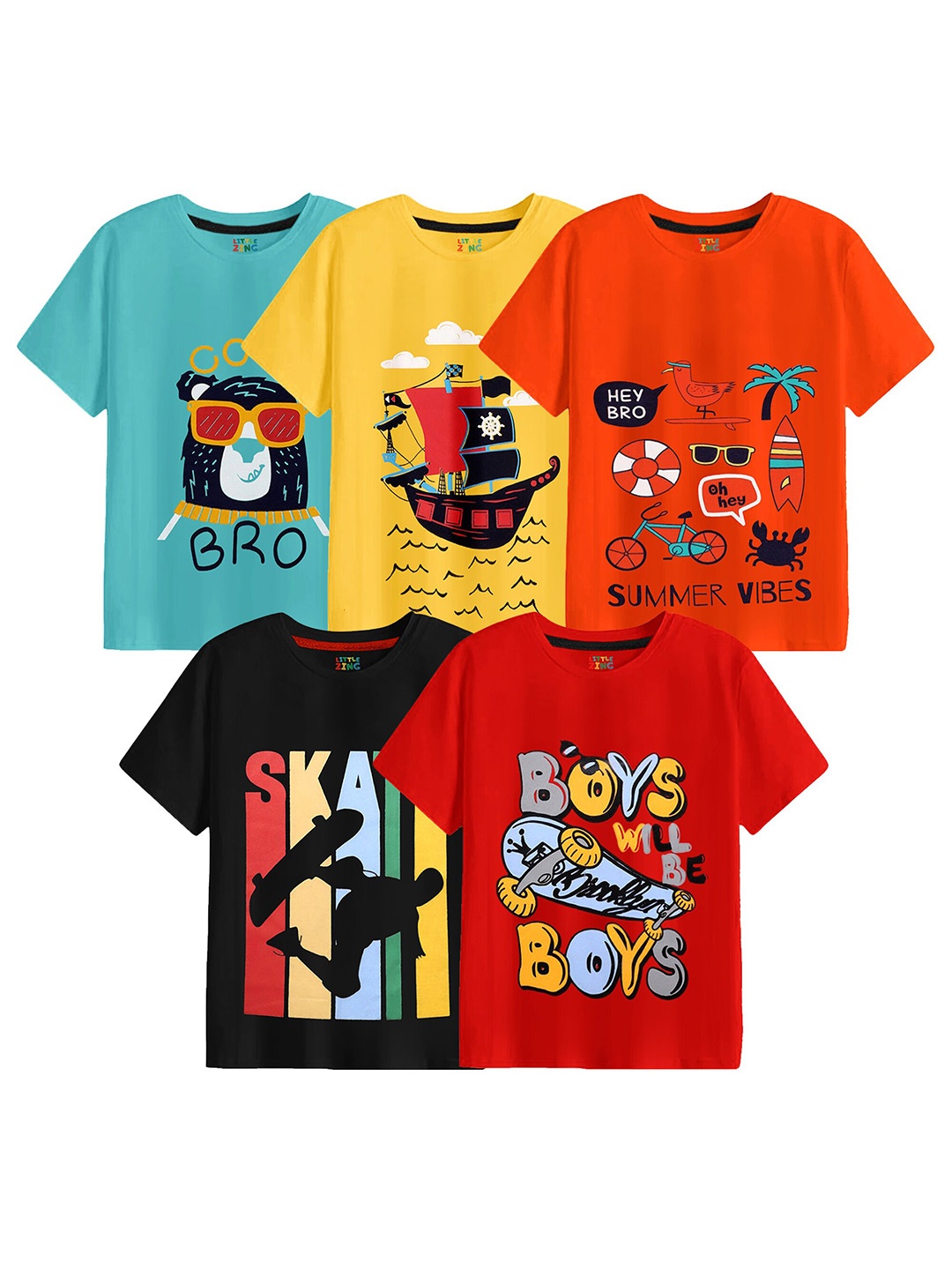 

BAESD Boys Pack of 5 Graphic Printed Cotton T-shirt, Sea green