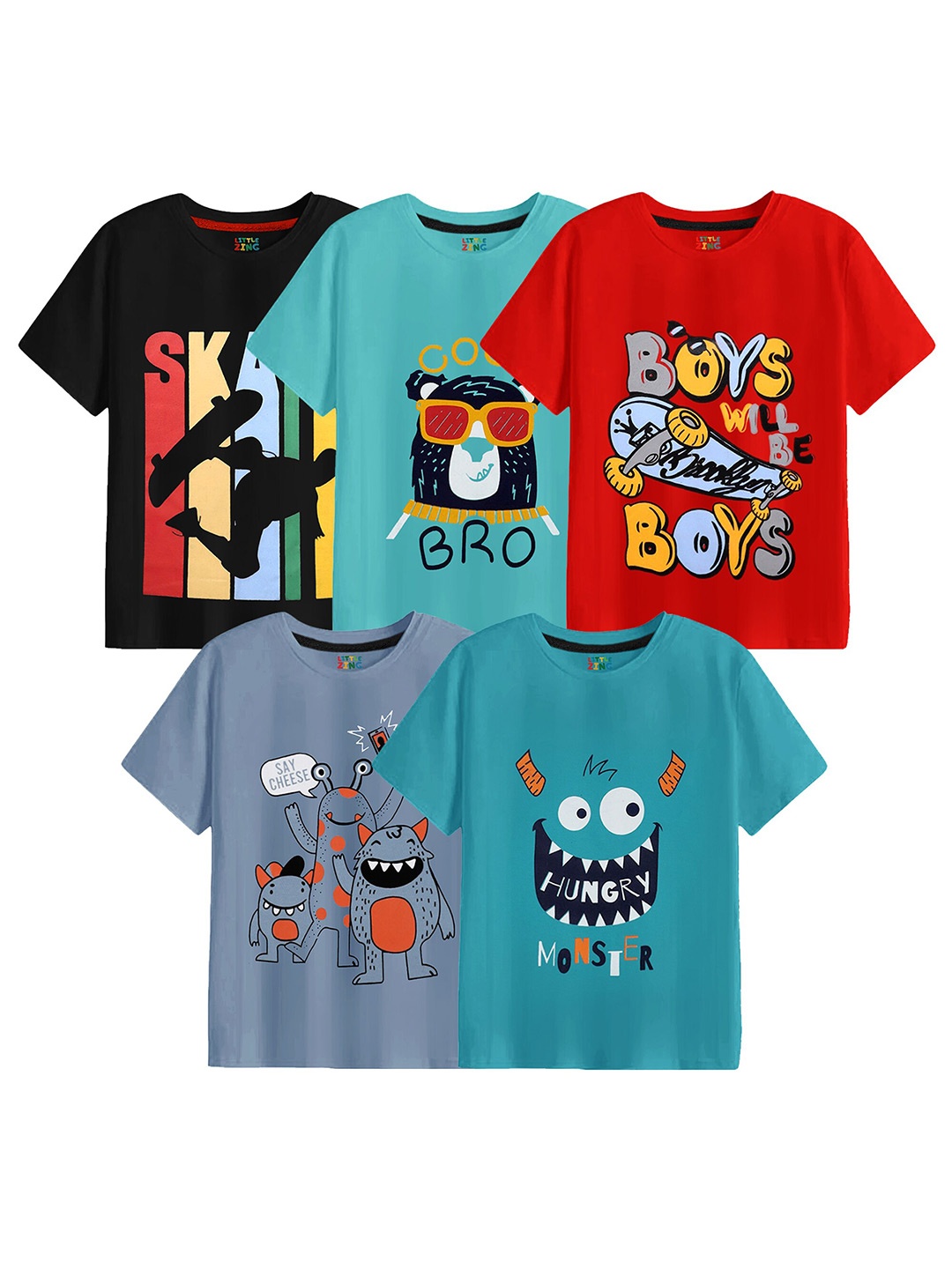 

BAESD Boys Pack of 5 Graphic Printed Cotton T-shirt, Black