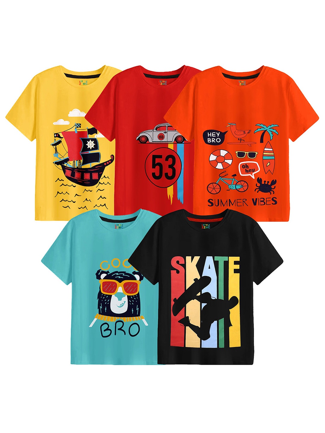 

BAESD Boys Pack Of 5 Graphic Printed Round Neck Pure Cotton T-shirt, Yellow