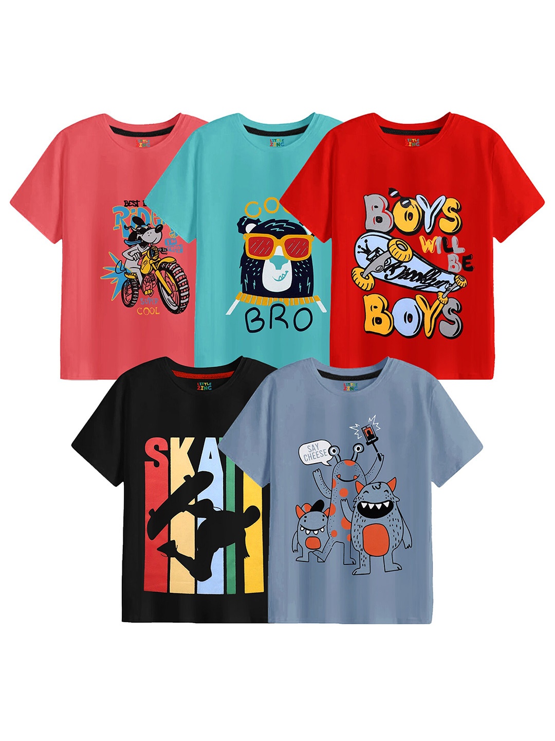 

BAESD Boys Pack Of 5 Printed Cotton T-shirt, Pink