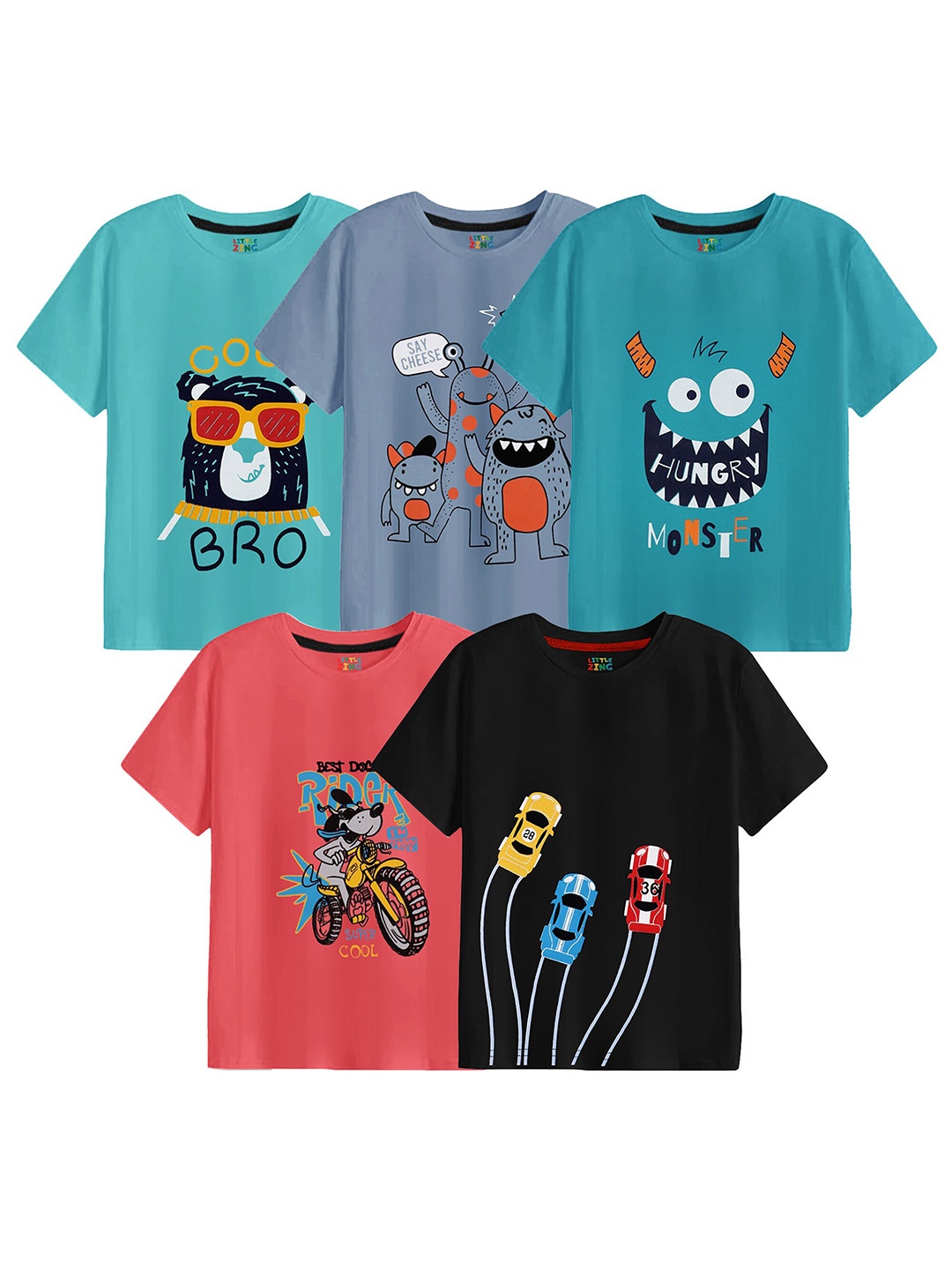 

BAESD Boys Pack Of 5 Printed Cotton T-shirt, Sea green