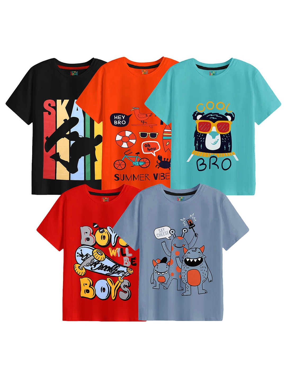 

BAESD Boys Pack Of 5 Graphic Printed Round Neck Pure Cotton T-shirt, Black