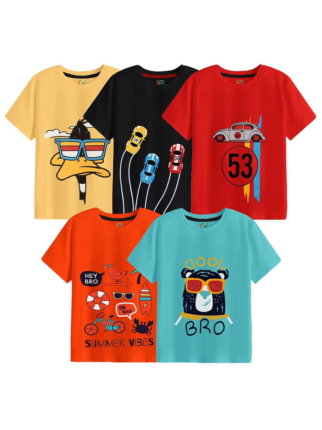 

BAESD Boys Pack Of 5 Graphic Printed Round Neck Pure Cotton T-shirt, Yellow