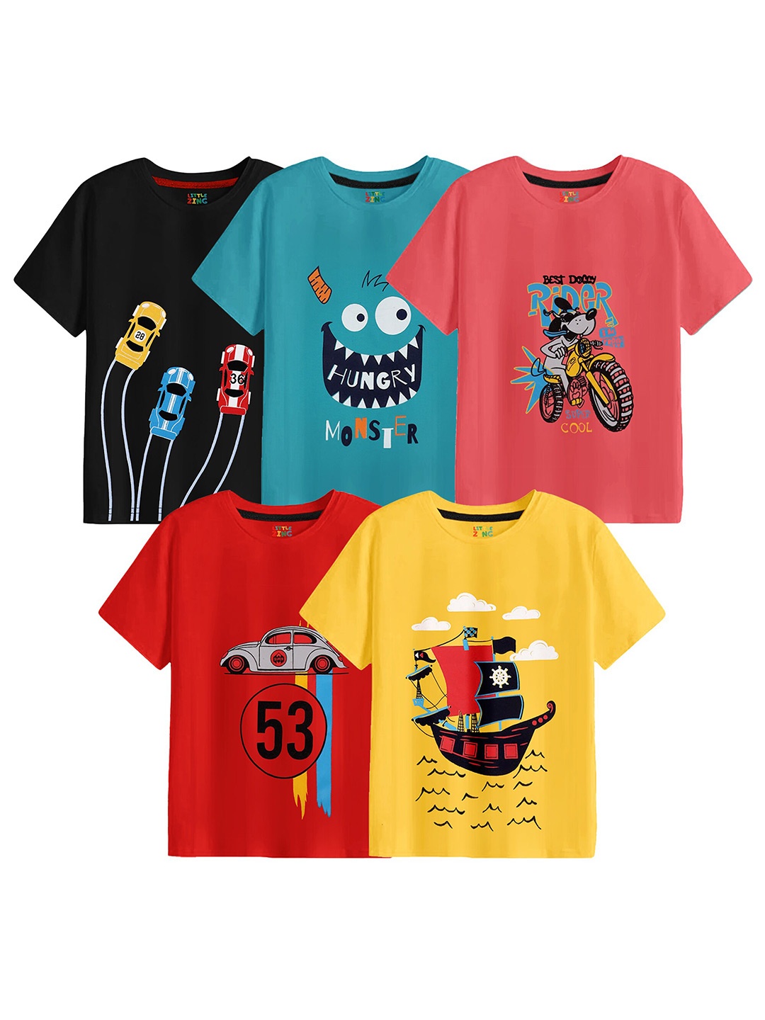

BAESD Boys Pack Of 5 Printed Cotton T-shirt, Black