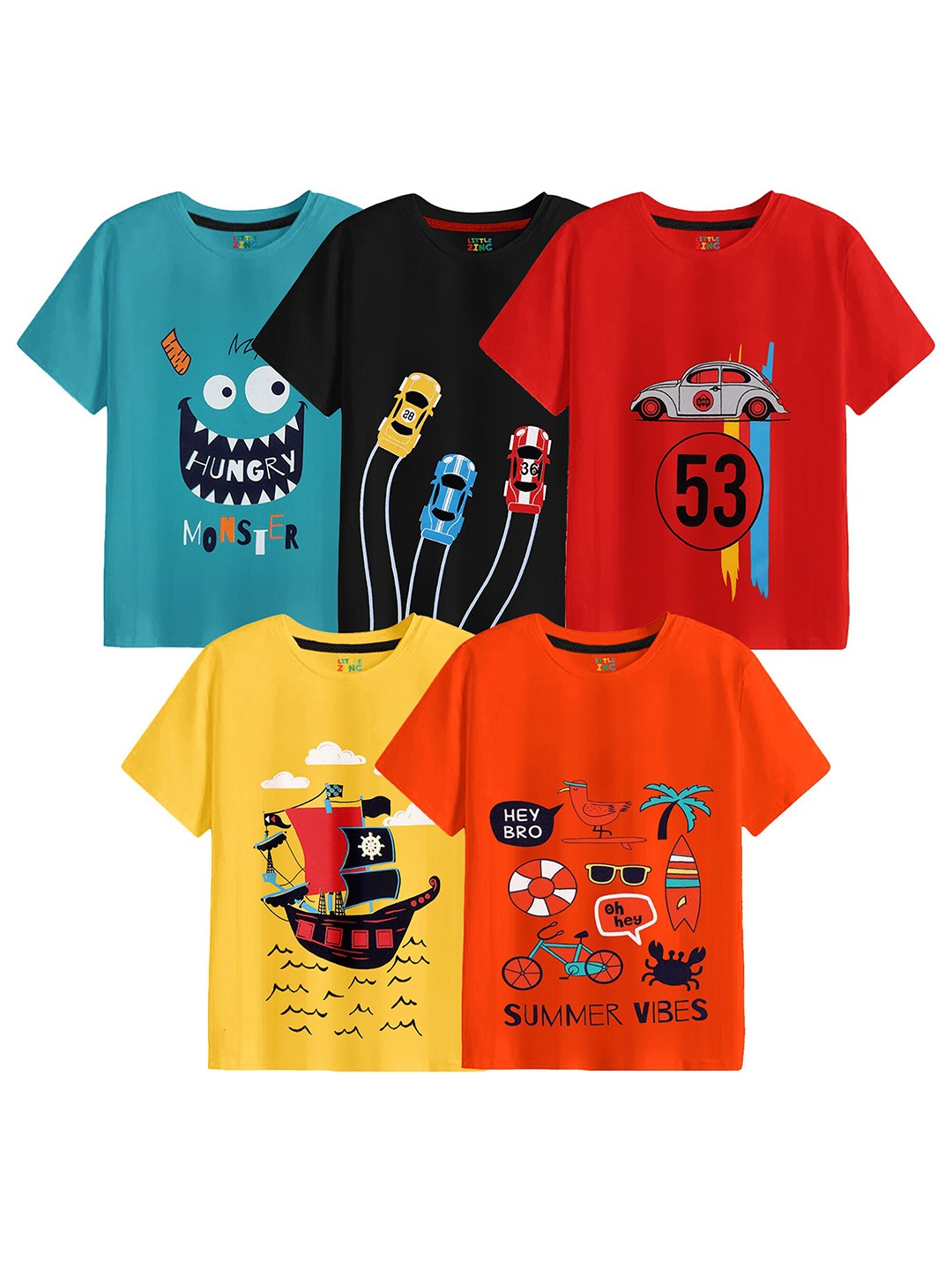 

BAESD Boys Pack Of 5 Graphic Printed Round Neck Pure Cotton T-shirt, Blue