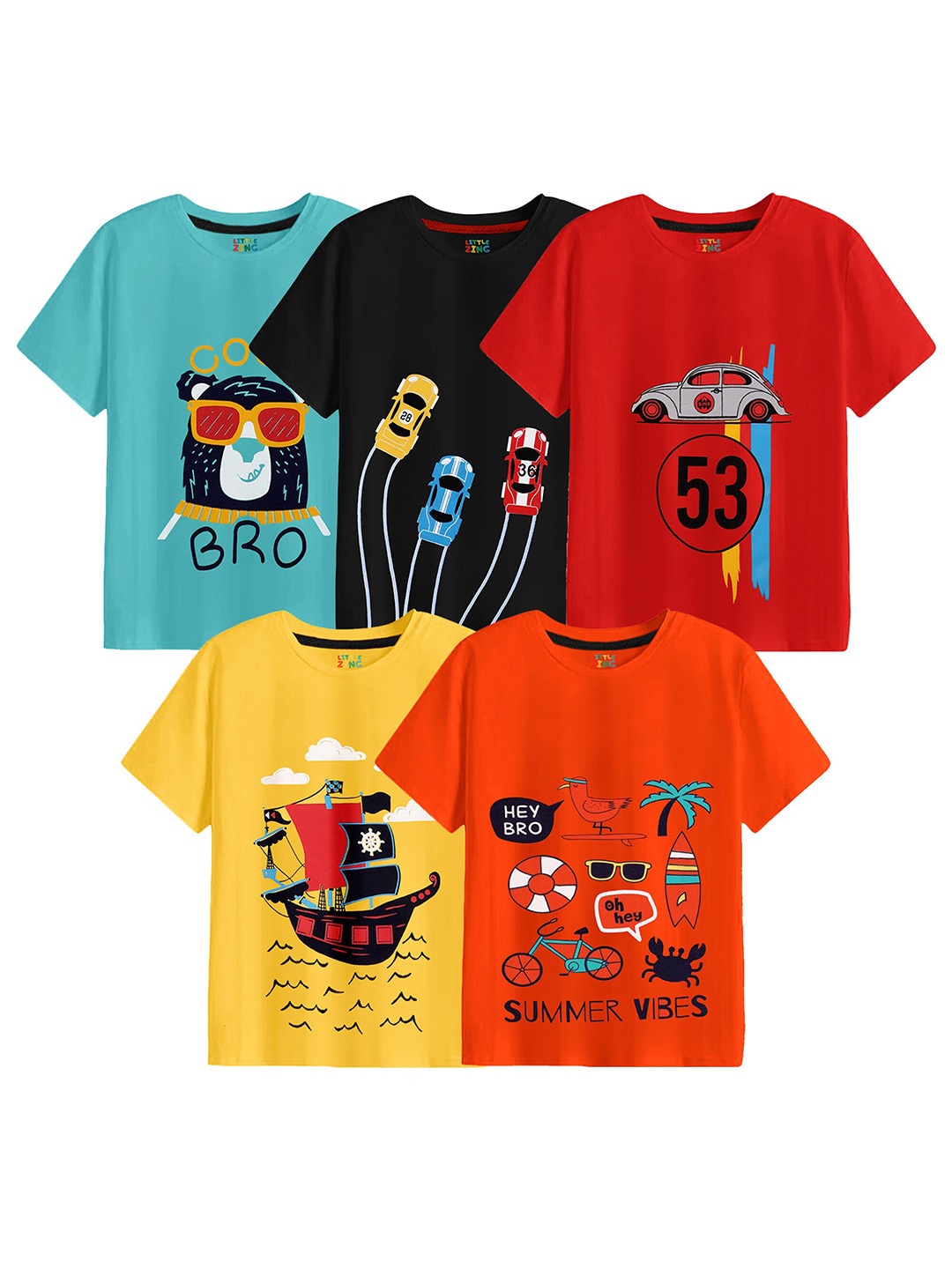 

BAESD Boys Pack Of 5 Printed Cotton T-shirt, Sea green