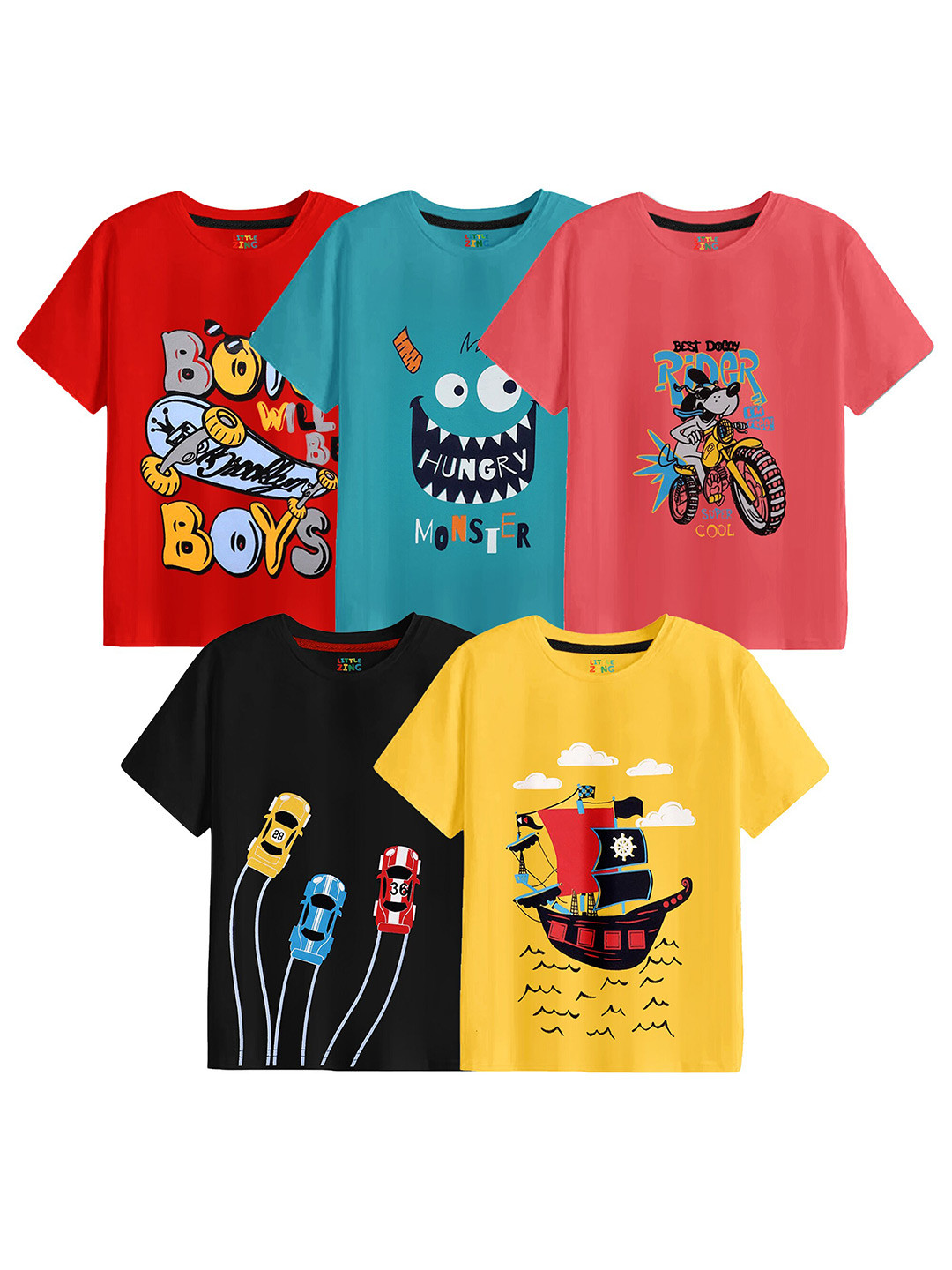 

BAESD Boys Pack Of 5 Printed Cotton T-shirt, Red