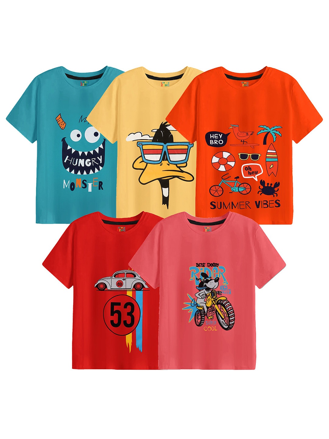 

BAESD Boys Pack Of 5 Graphic Printed Round Neck Pure Cotton T-shirt, Blue