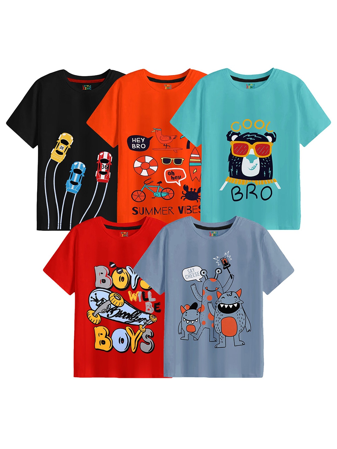 

BAESD Boys Pack Of 5 Printed Cotton T-shirt, Black