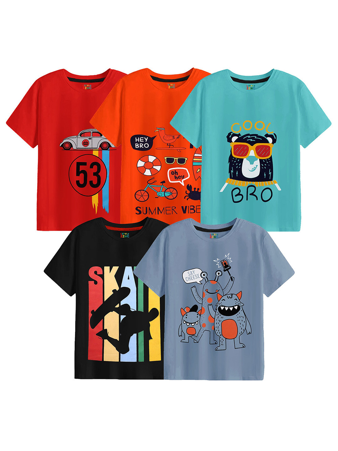 

BAESD Boys Pack of 5 Graphic Printed Cotton T-shirt, Red