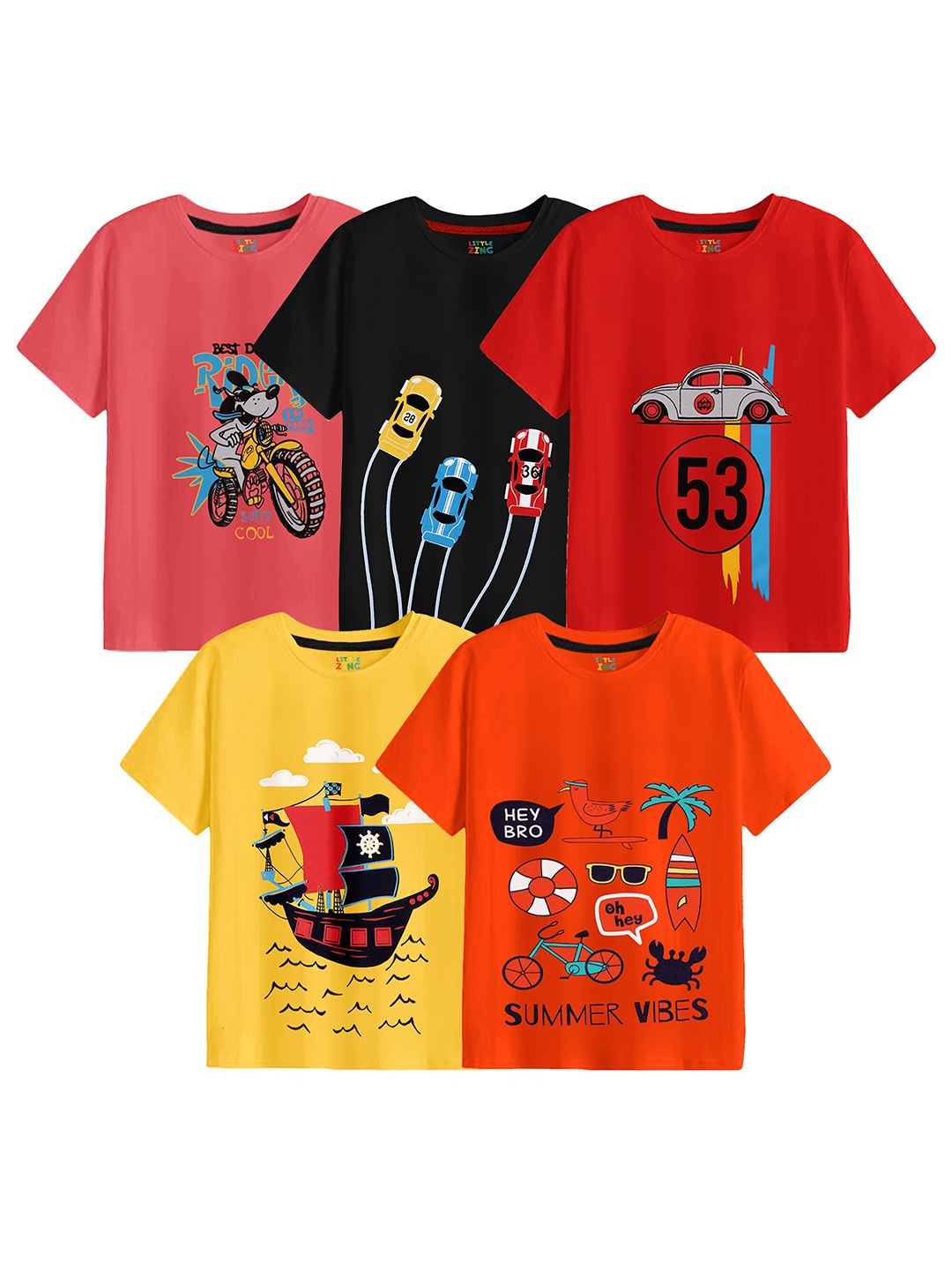 

BAESD Boys Pack Of 5 Printed Cotton T-shirt, Peach