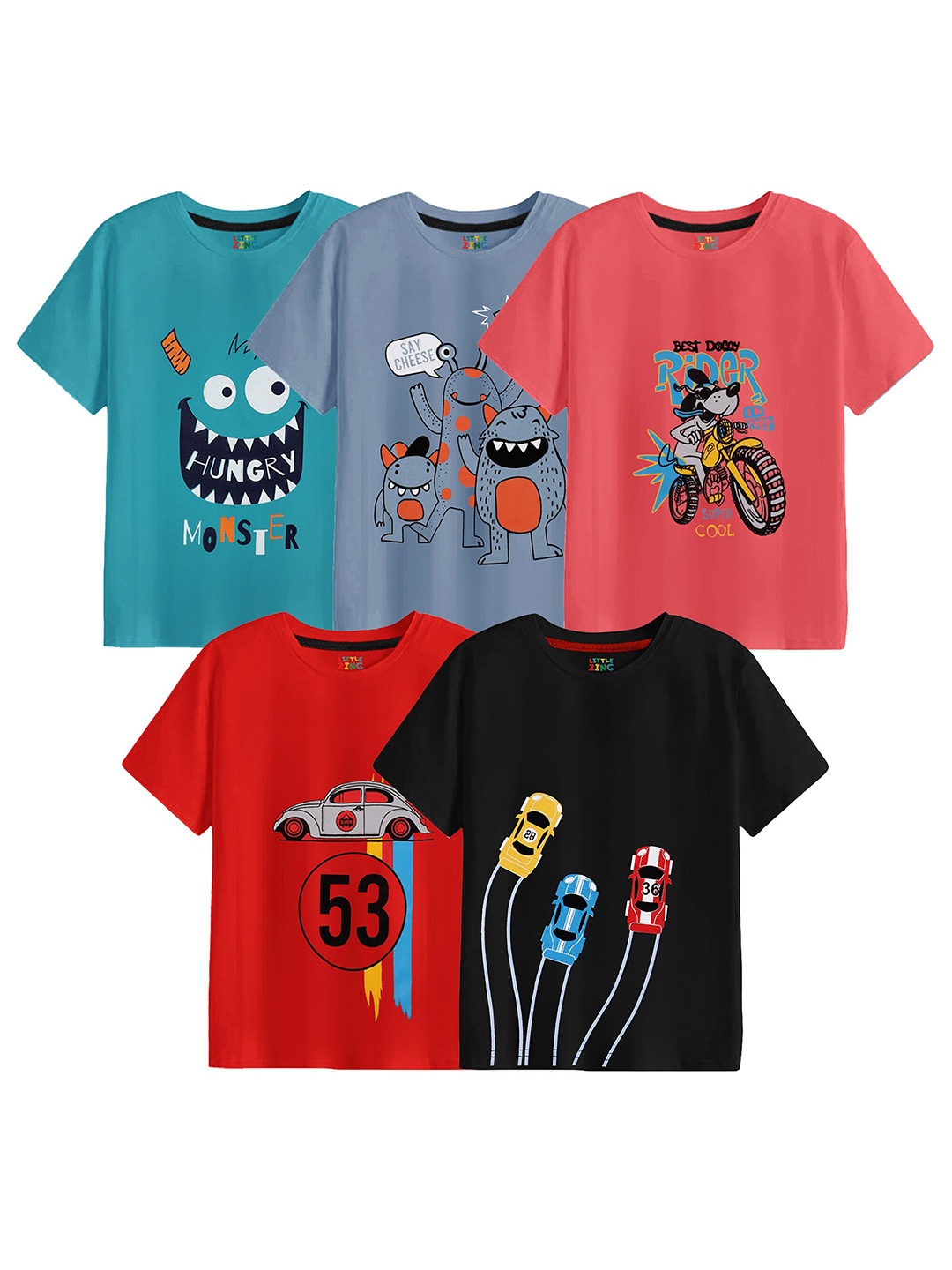 

BAESD Boys Pack Of 5 Graphic Printed Round Neck Pure Cotton T-shirt, Blue