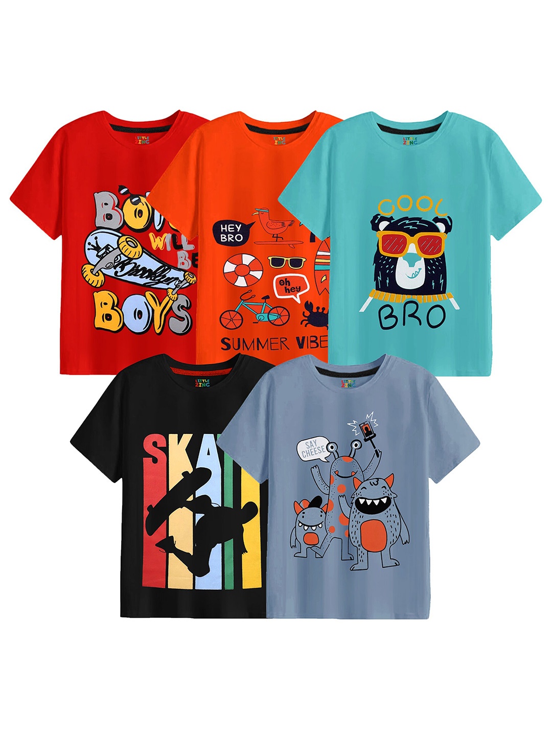 

BAESD Boys Pack Of 5 Printed Cotton T-shirt, Red