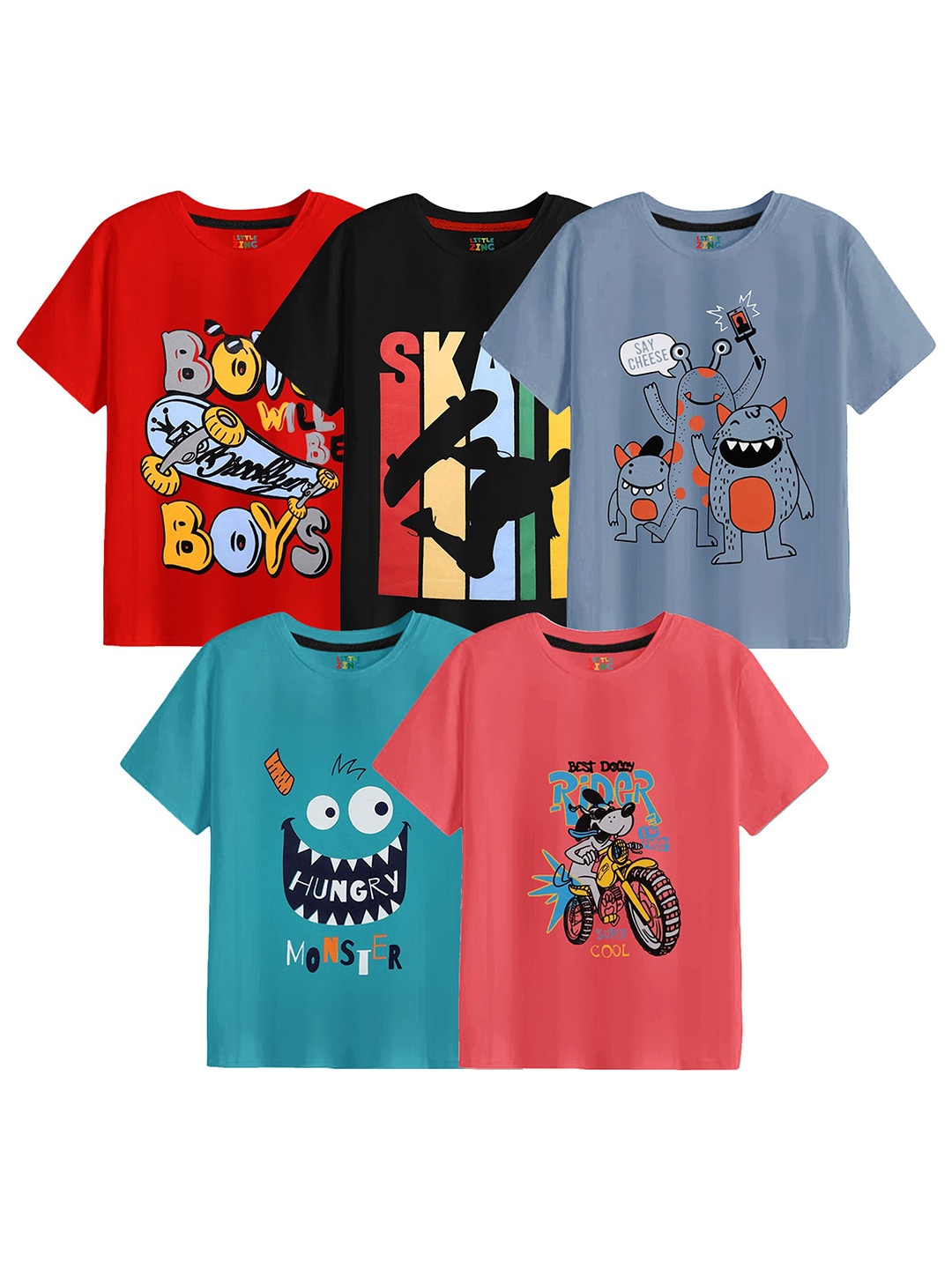 

BAESD Boys Pack Of 5 Printed Cotton T-shirt, Red