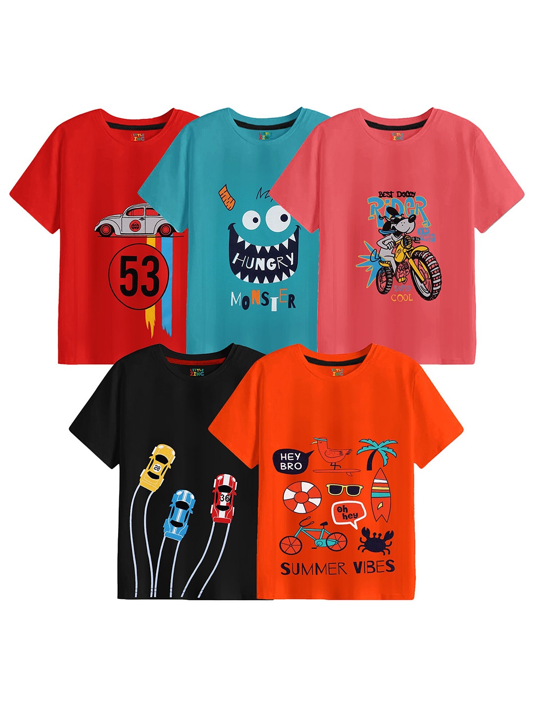 

BAESD Boys Pack Of 5 Printed Cotton T-shirt, Red