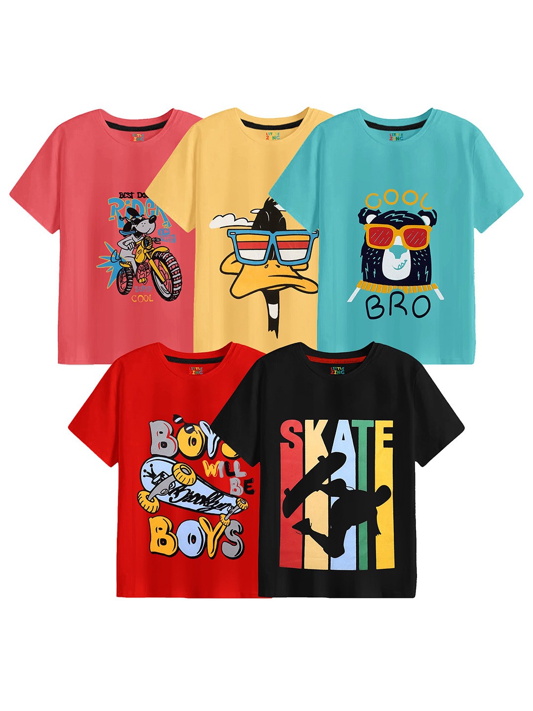 

BAESD Boys Pack Of 5 Printed Cotton T-shirt, Pink