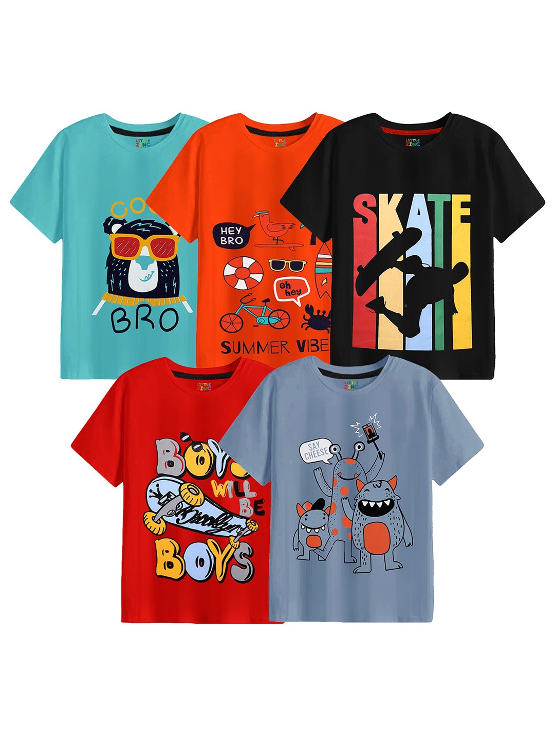 

BAESD Boys Pack Of 5 Printed Cotton T-shirt, Teal
