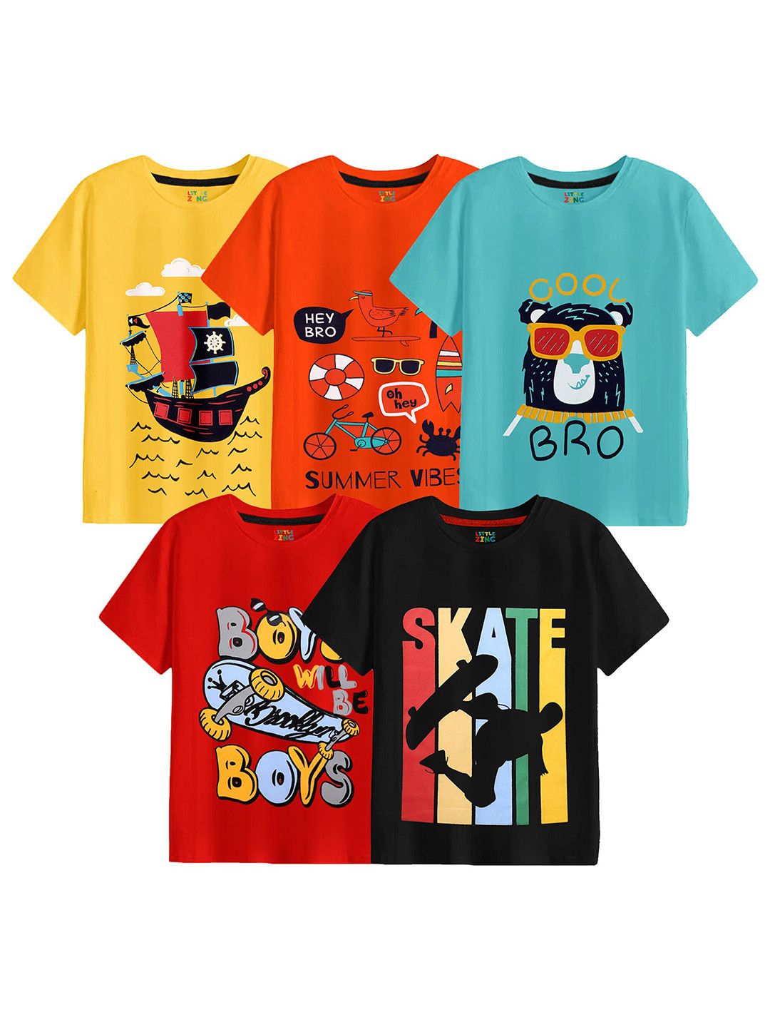 

BAESD Boys Pack of 5 Graphic Printed Cotton T-shirt, Yellow