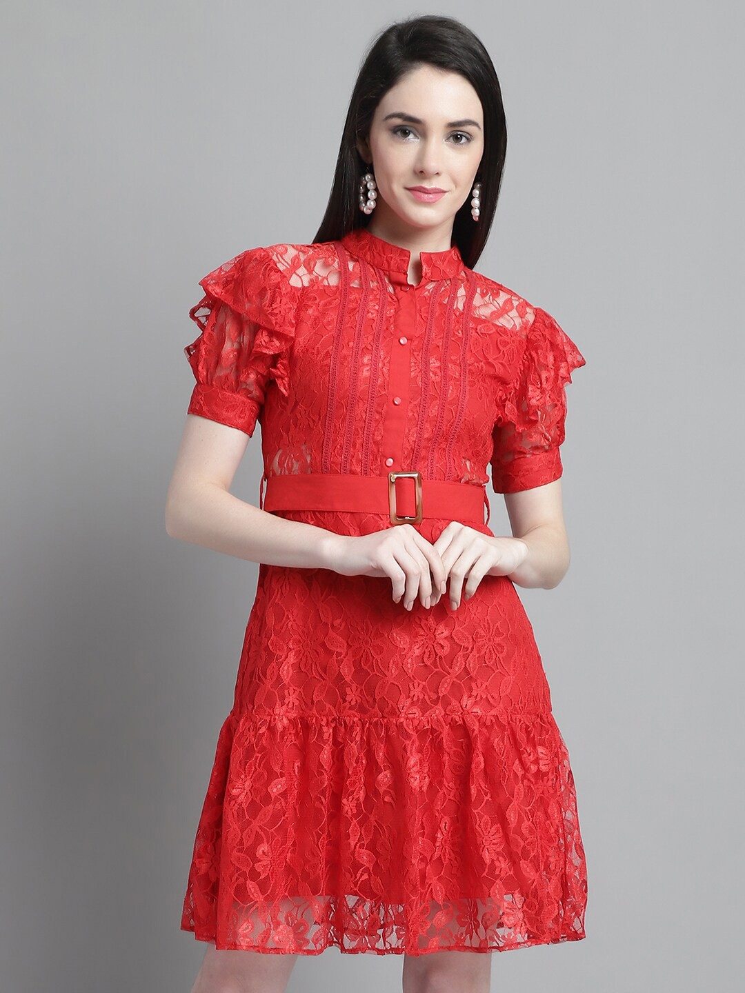 

MARC LOUIS Self Design Lace Fit & Flare Dress, Red