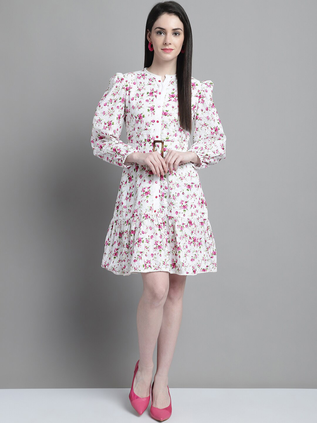 

MARC LOUIS Floral Printed Puff Sleeve with Pom-Pom Cotton Fit & Flare Dress, White