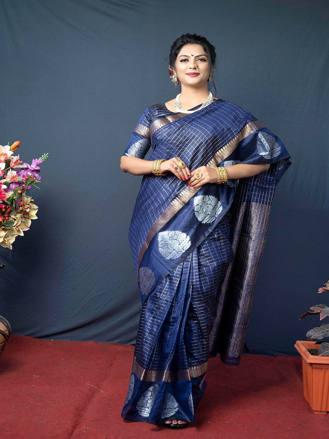 

Mitera Navy Blue & Silver-Toned Checked Woven Design Zari Linen Silk Saree