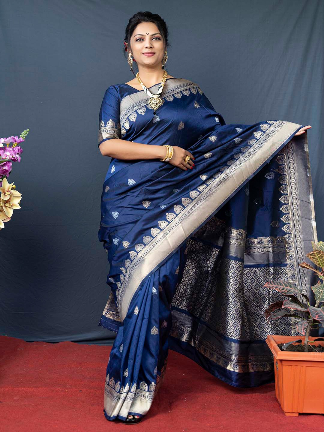 

Mitera Blue & Gold-Toned Ethnic Motifs Woven Design Zari Art Silk Banarasi Saree