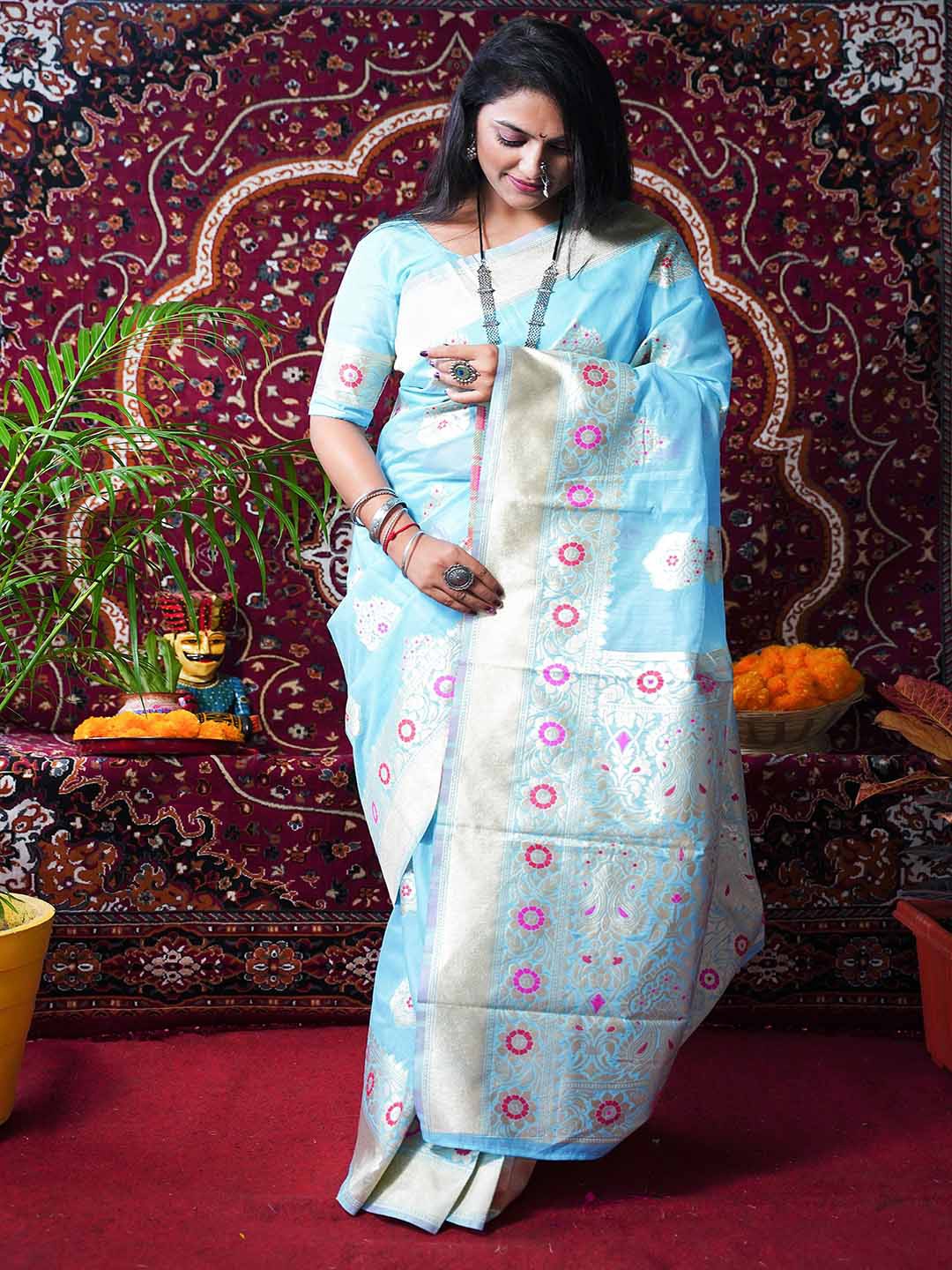 

Mitera Blue & Gold-Toned Ethnic Motifs Woven Design Zari Linen Silk Saree