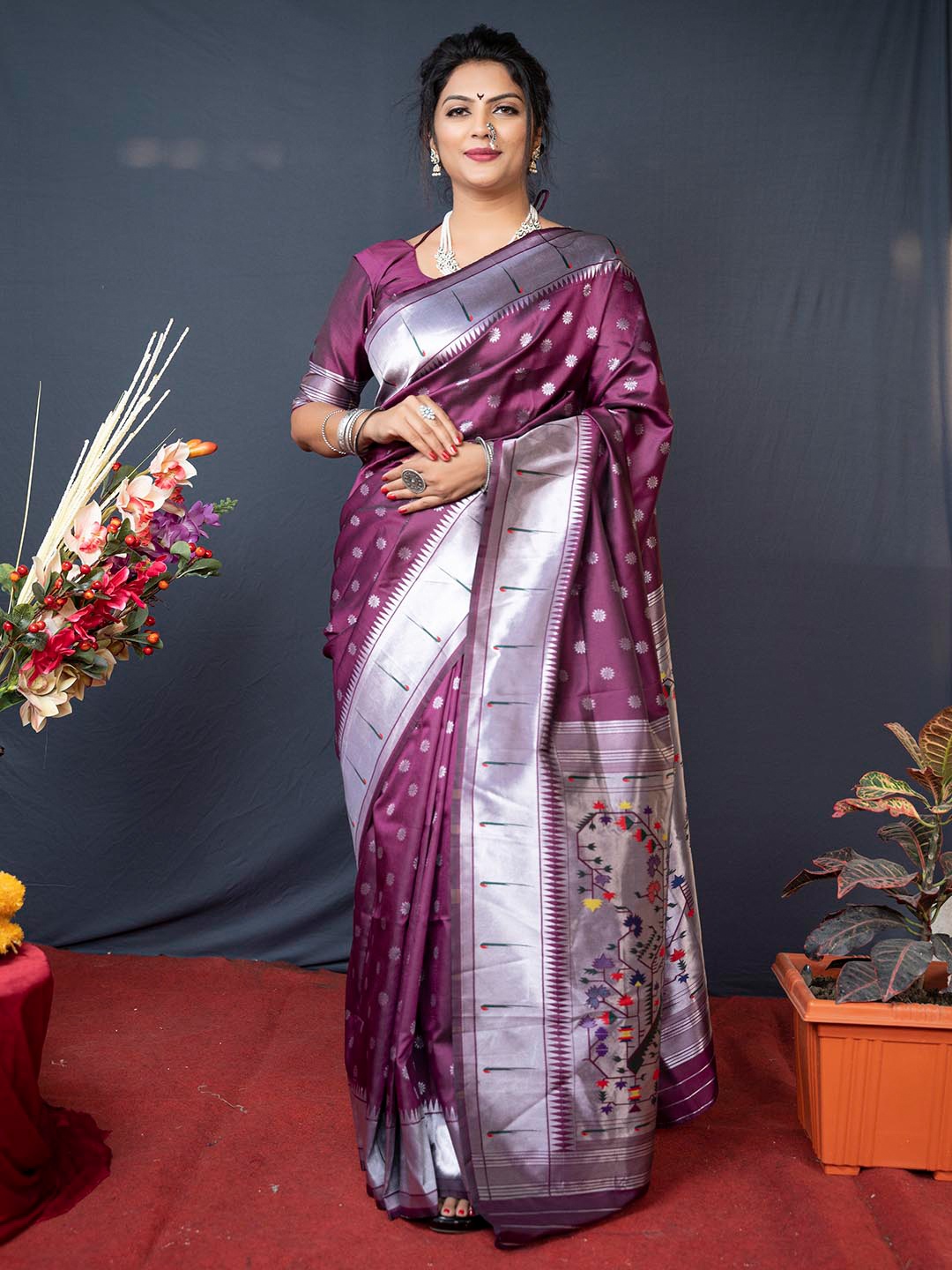 

Mitera Purple & Gold-Toned Ethnic Motifs Woven Design Zari Paithani Silk Saree