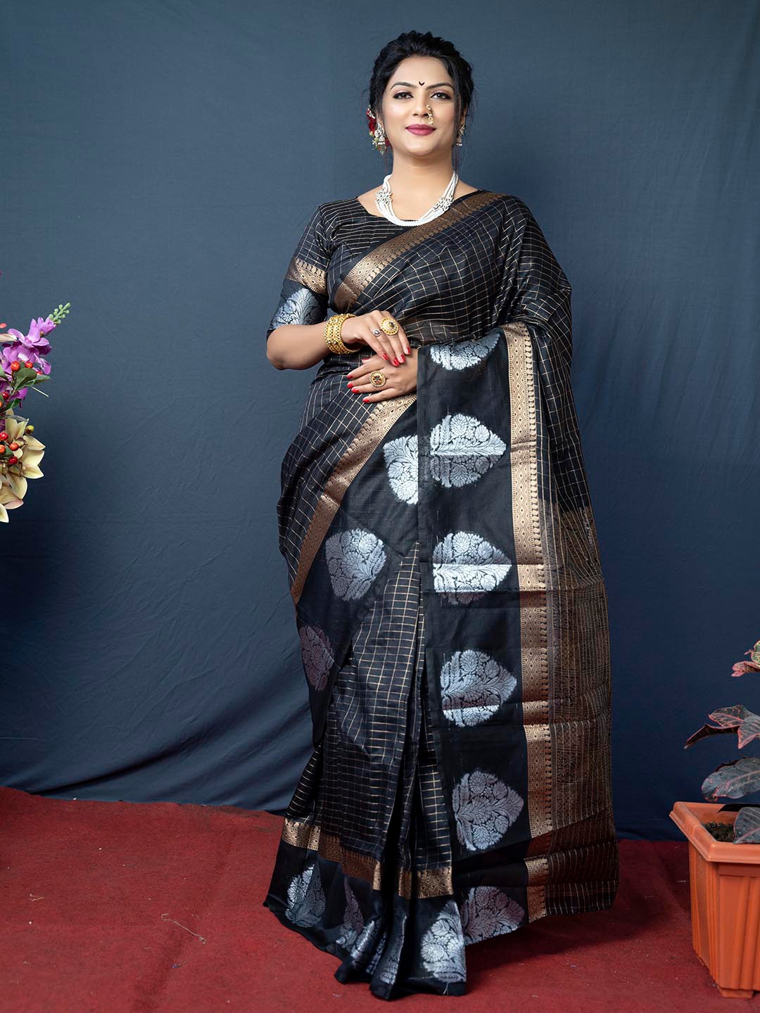 

Mitera Woven Design Zari Linen Blend Saree, Black