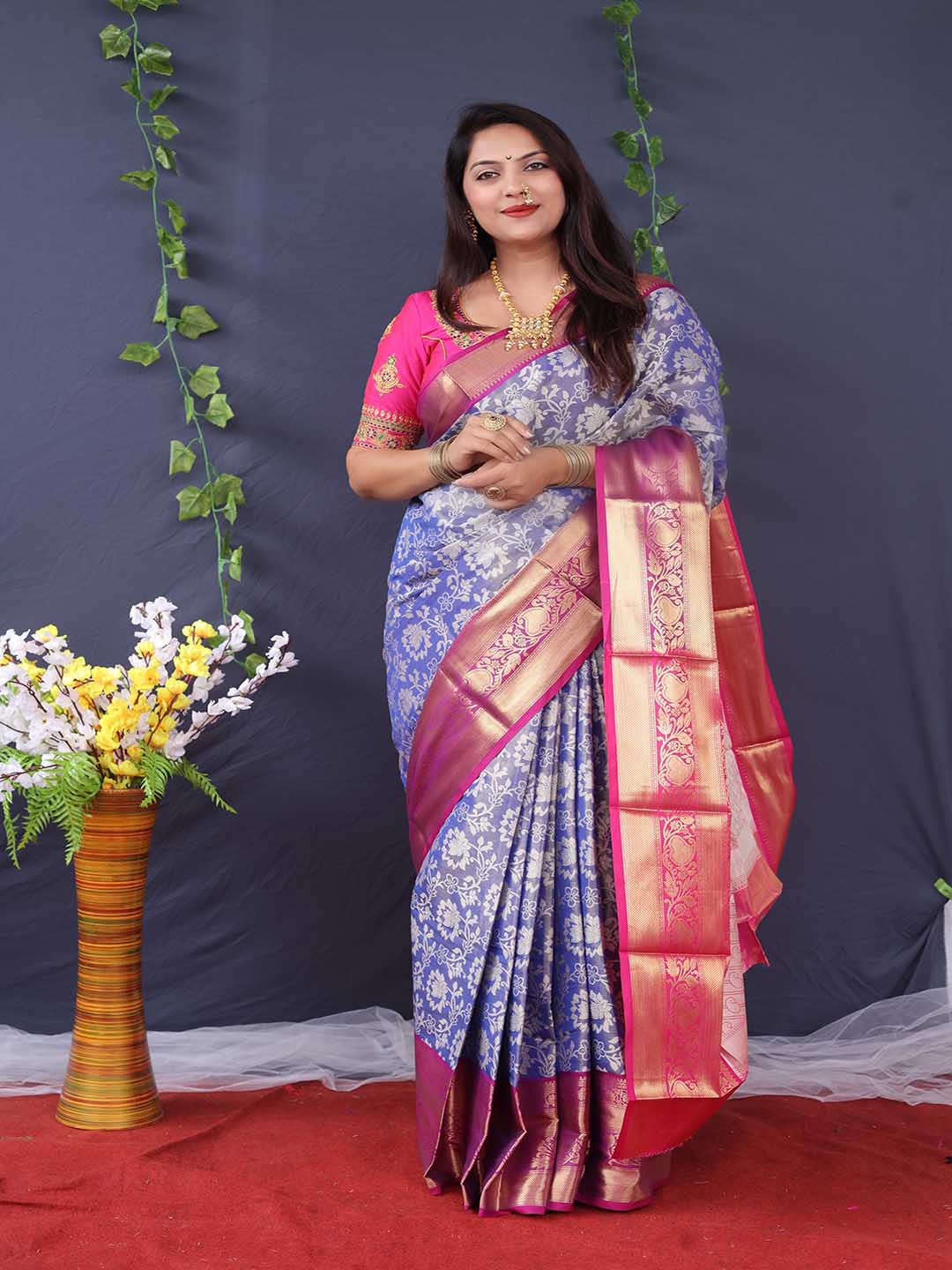 

Mitera Blue & Pink Floral Woven Design Zari Saree