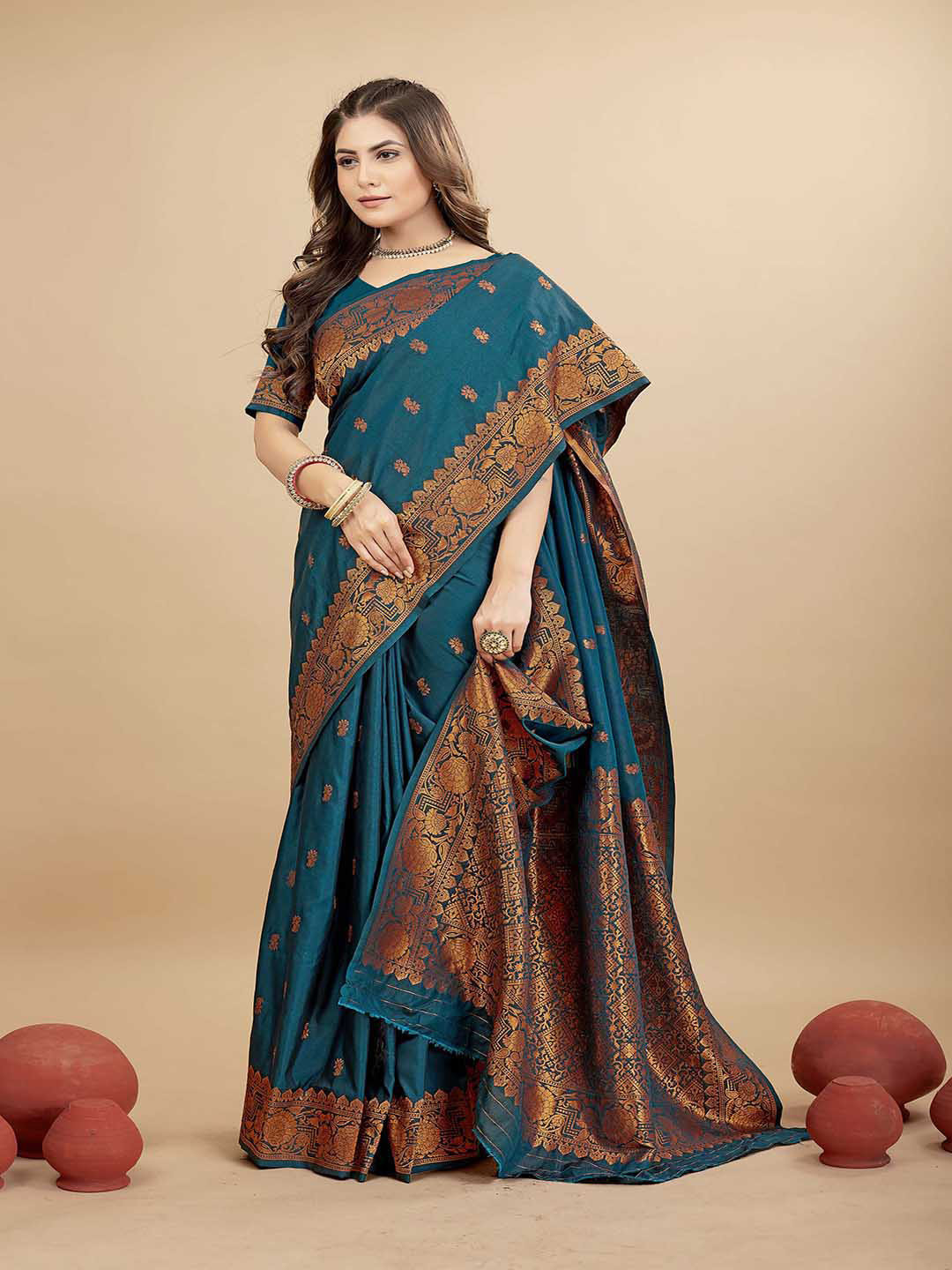 

Mitera Navy Blue & Gold-Toned Ethnic Motifs Woven Design Zari Art Silk Saree