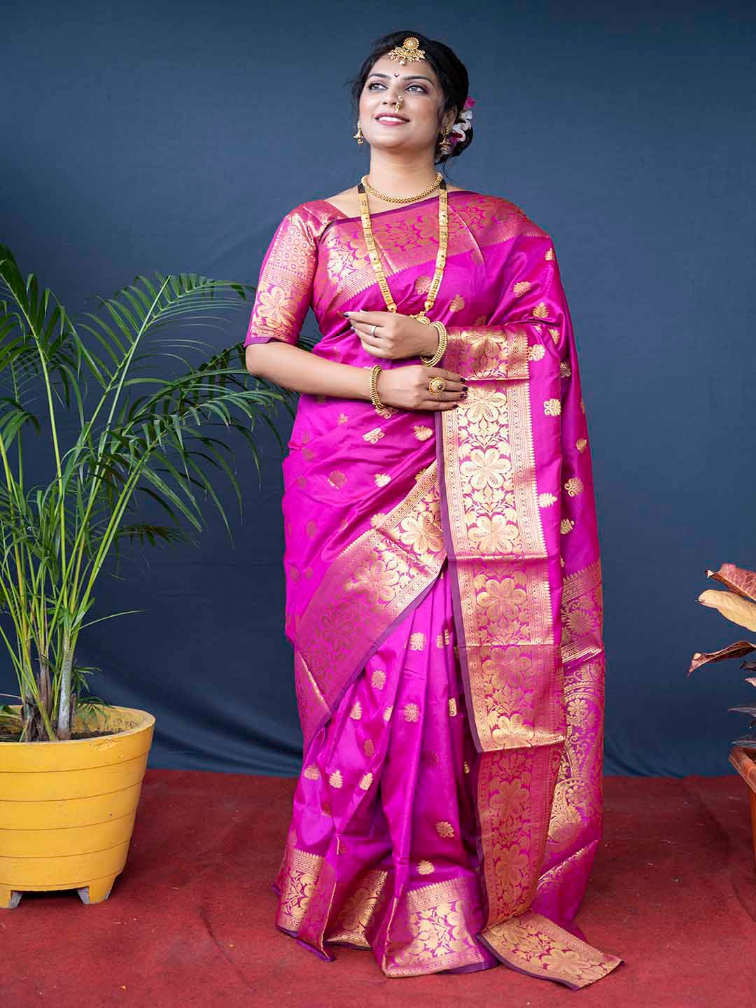 

Mitera Pink & Gold-Toned Ethnic Motifs Woven Design Zari Paithani Silk Saree