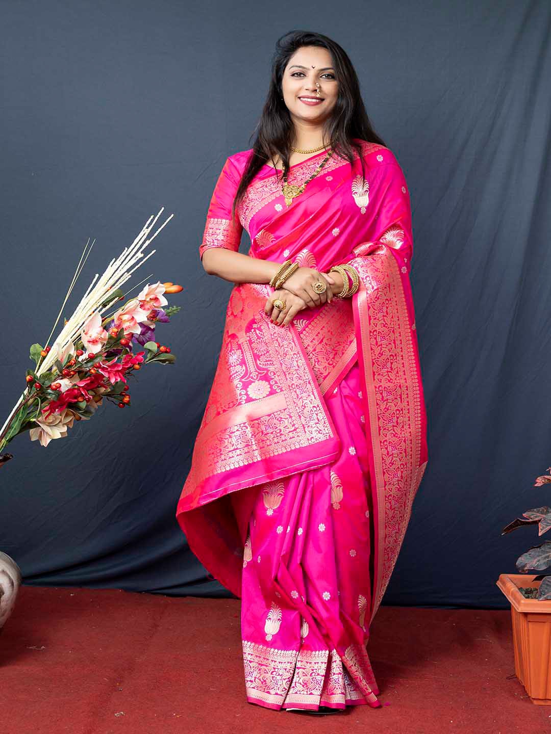 

Mitera Pink & Gold-Toned Ethnic Motifs Woven Design Zari Banarasi Silk Saree