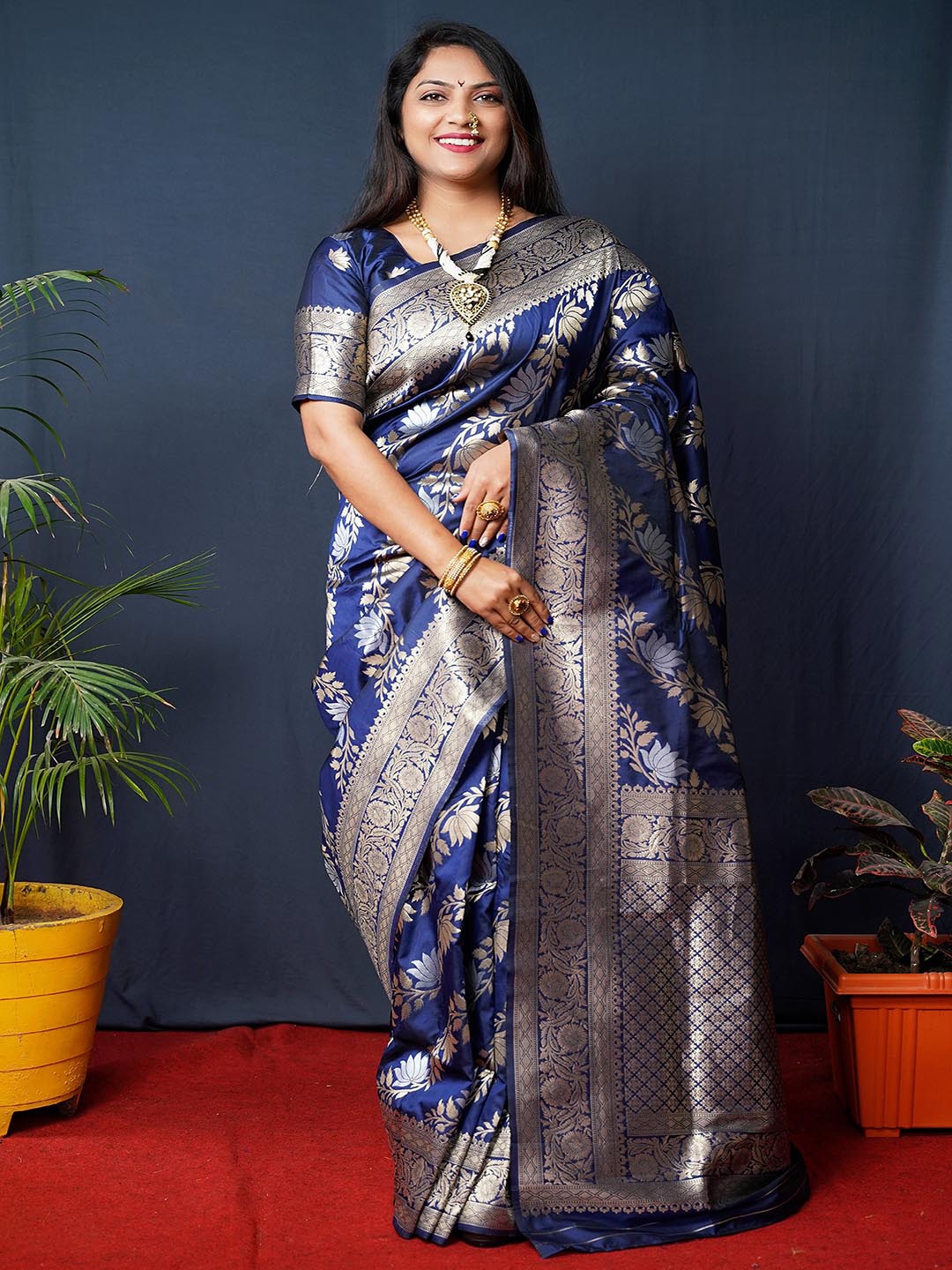 

Mitera Ethnic Motifs Woven Design Zari Art Silk Saree, Navy blue