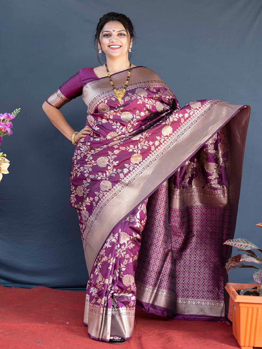 

Mitera Purple & Gold-Toned Ethnic Motifs Woven Design Zari Banarasi Silk Saree