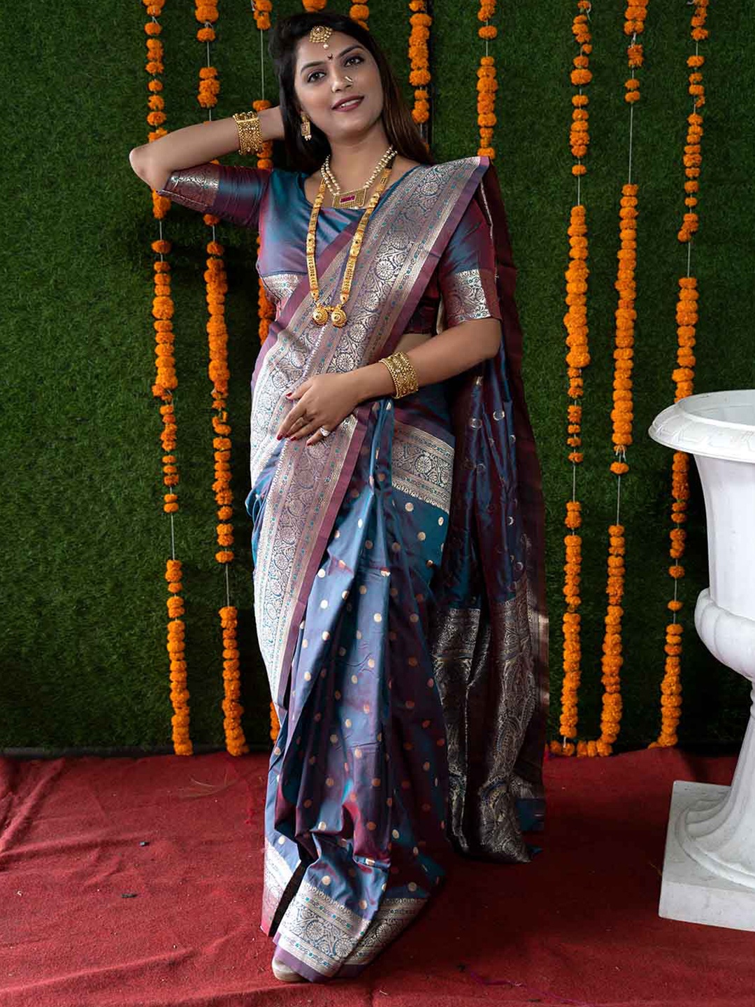

Mitera Blue & Gold-Toned Ethnic Motifs Woven Design Zari Saree