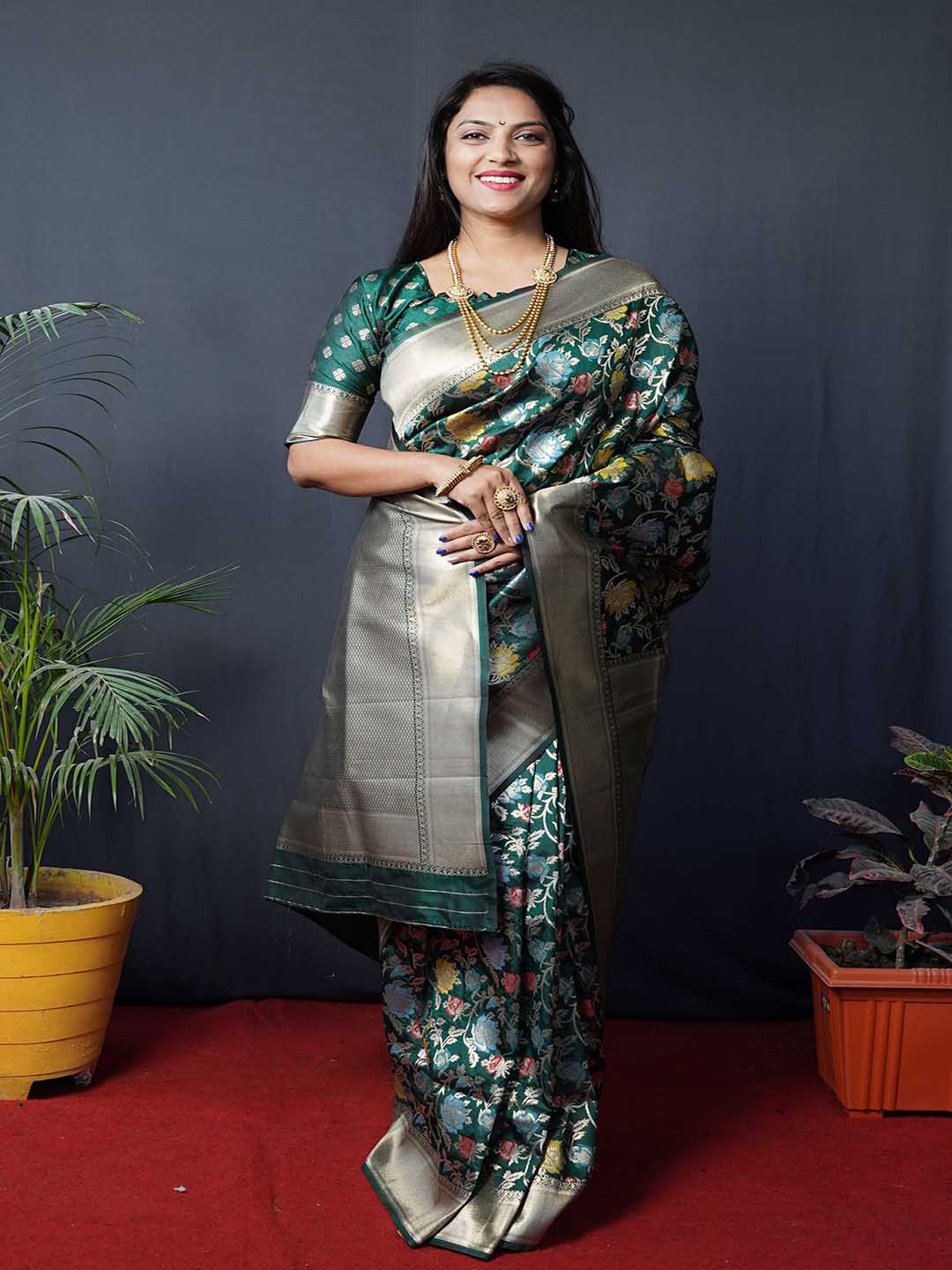 

Mitera Green & Yellow Floral Woven Design Zari Saree